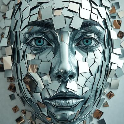 The primary subject of the image is a close-up of a face, specifically a woman's face, with a metallic appearance. The face is made up of various shiny metal pieces, giving it a unique and artistic look. The setting is a gray background, which contrasts with the shiny metal pieces. The visual style is a combination of digital art and illustration, creating a striking and visually appealing image. The colors and mood of the image are predominantly silver and metallic, giving it